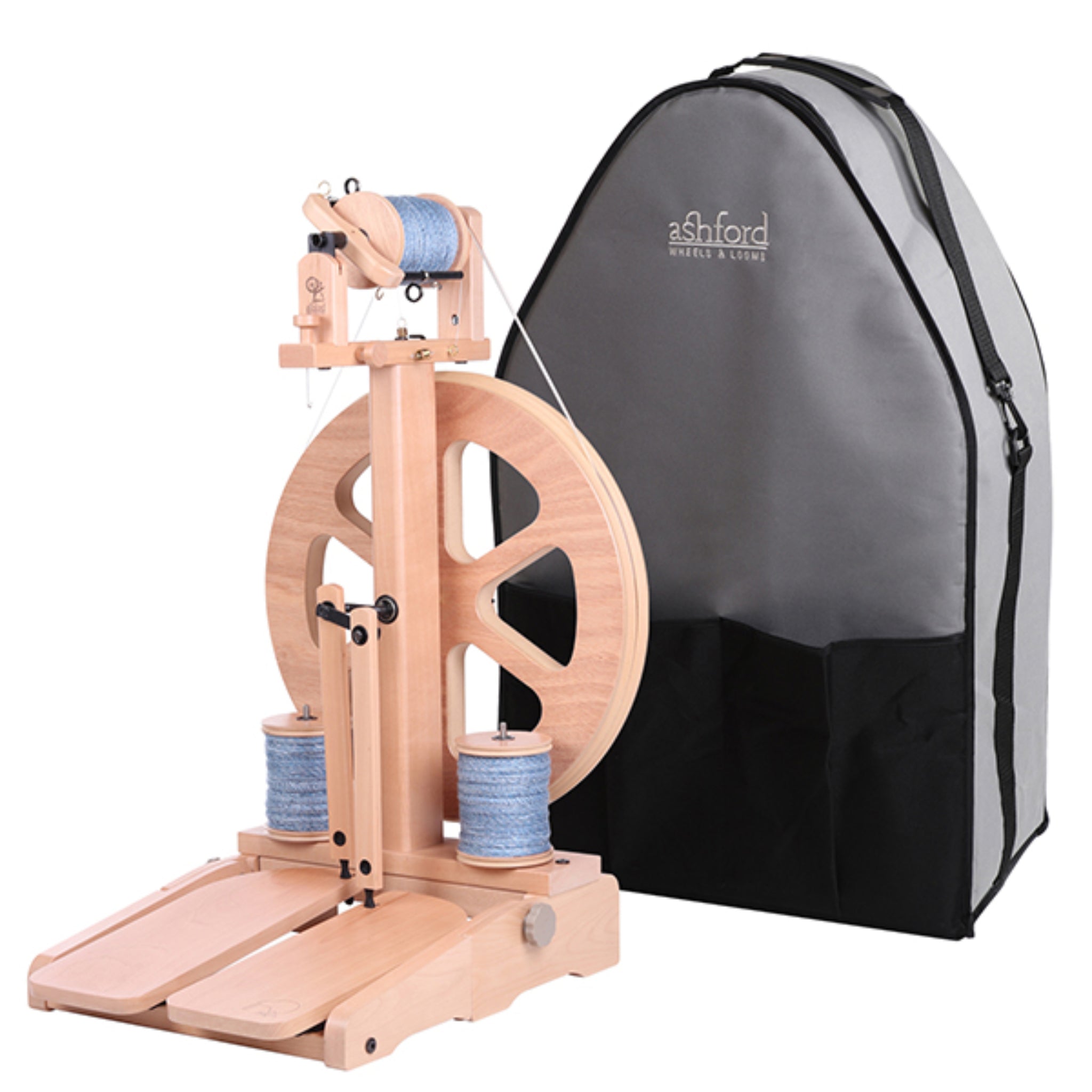 Wooden spinning wheel with gray carrying bag on a white background