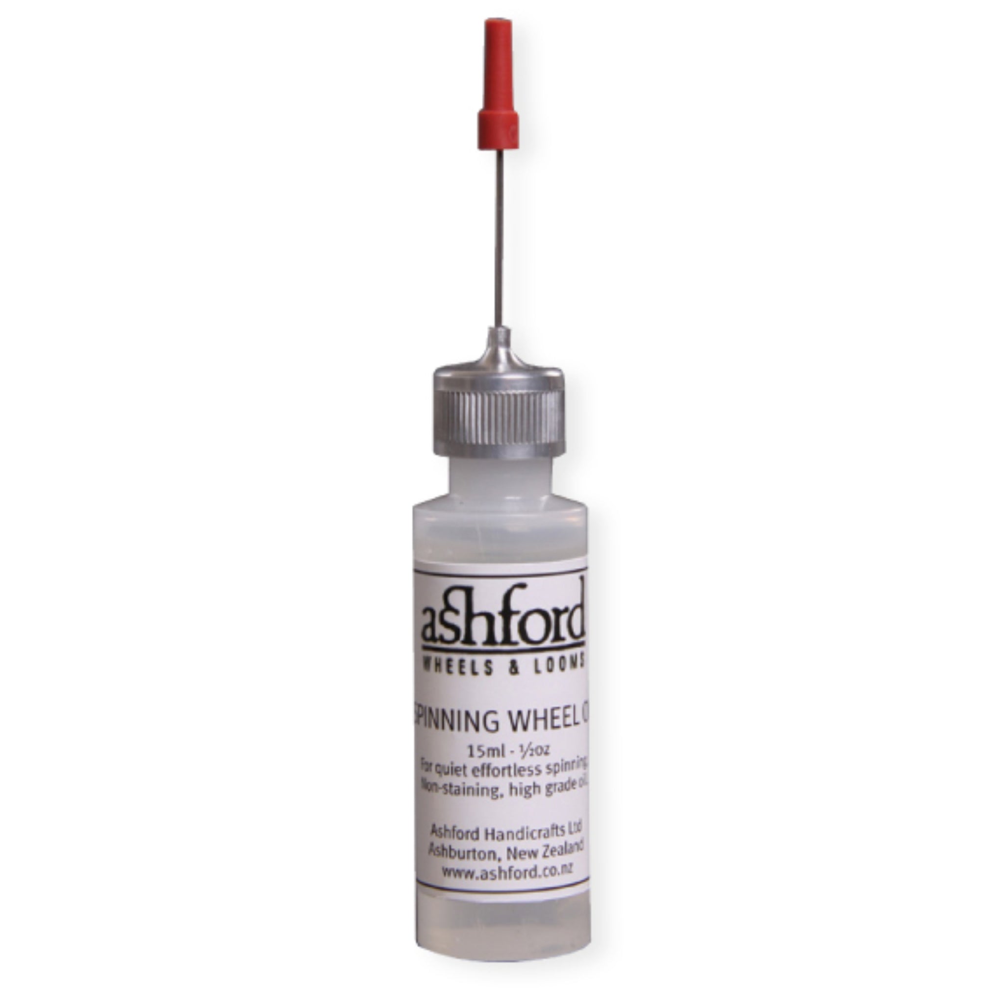 Bottle of Ashford spinning wheel oil on a white background