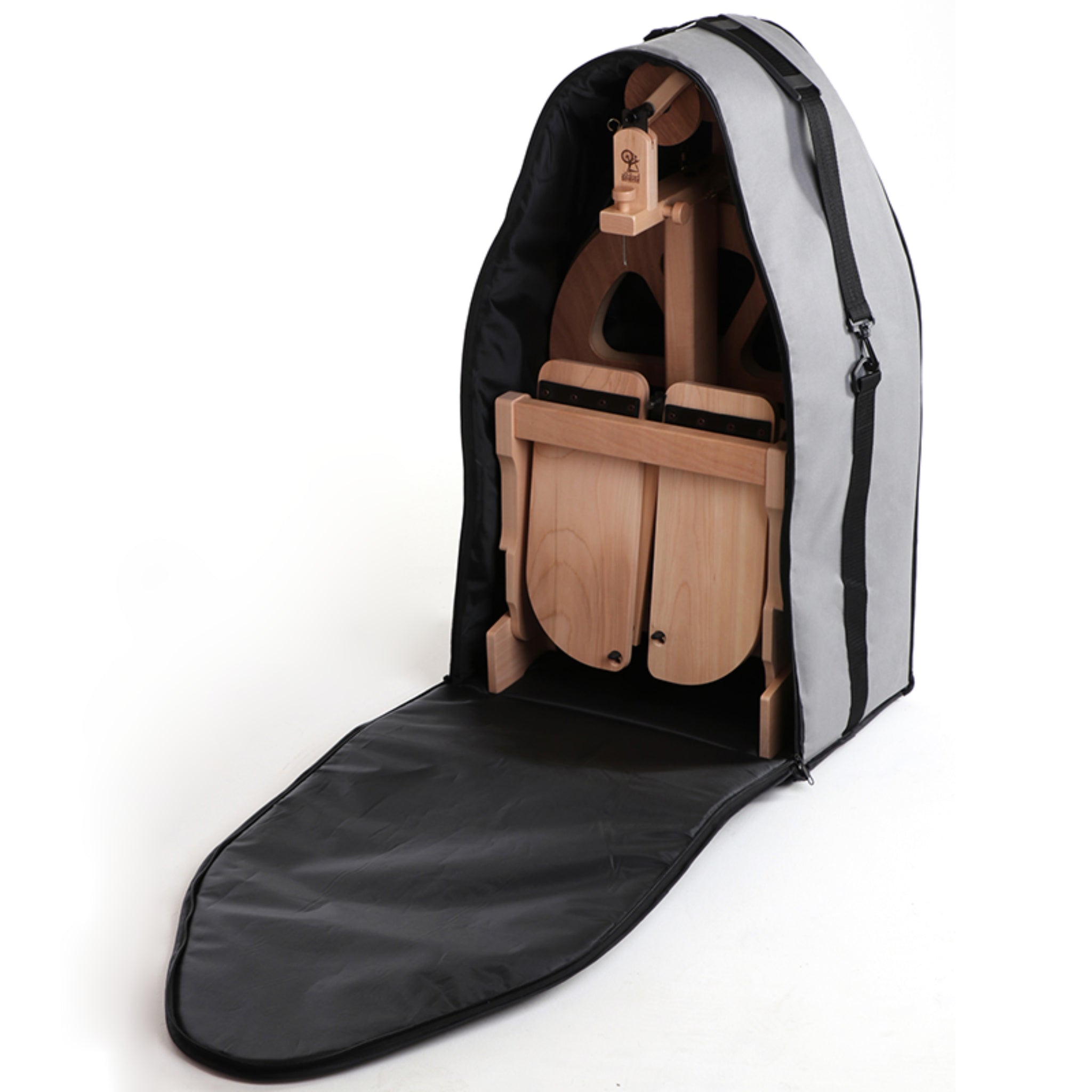 Wooden folding spinning wheel in a black carrying case on a white background